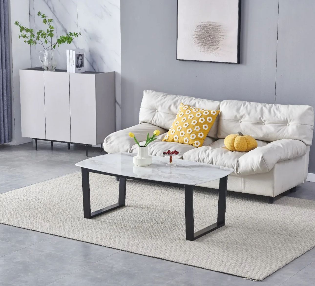 Tables basses Lola plateau marbré blanc pied noir