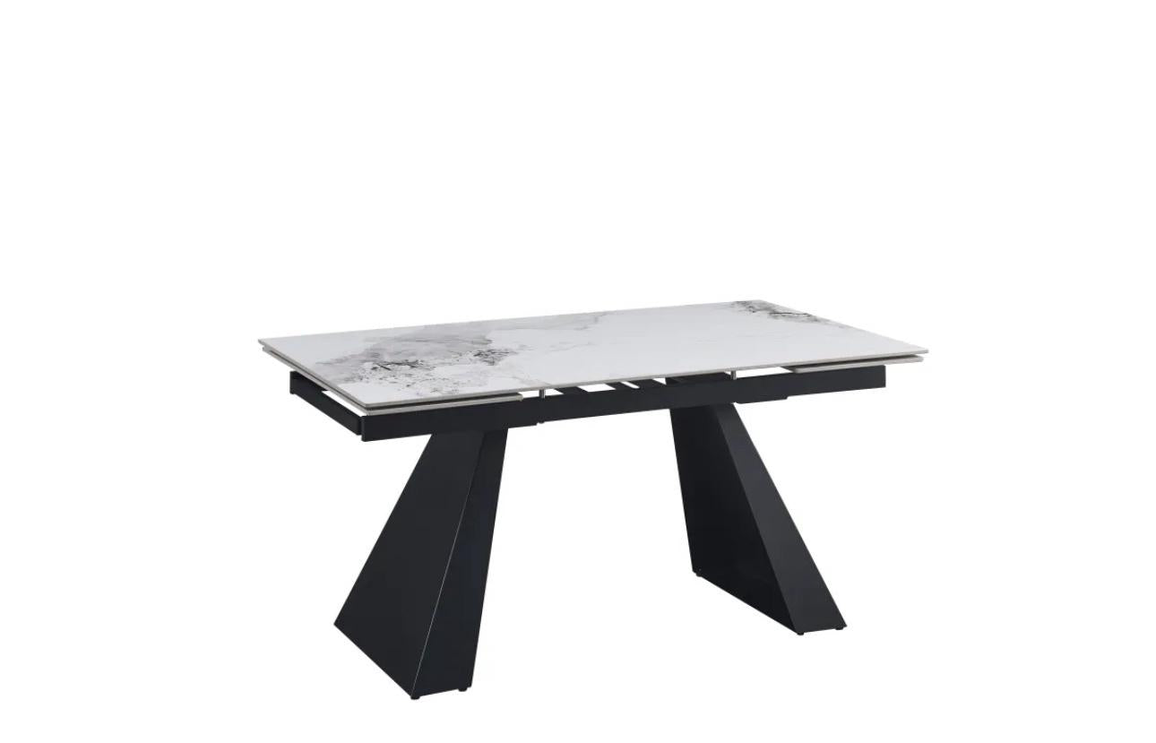 Table à manger porto extensible pied noir plateau marbré en verre tremper