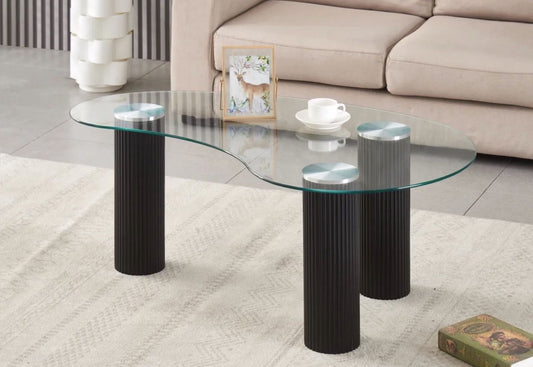 Table basse Roma pied style travertin noir plateau verre trempé transparent