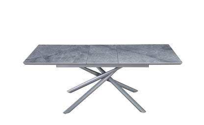 Table à manger saphir pied or ou argent plateau marbré gris en céramique extensible