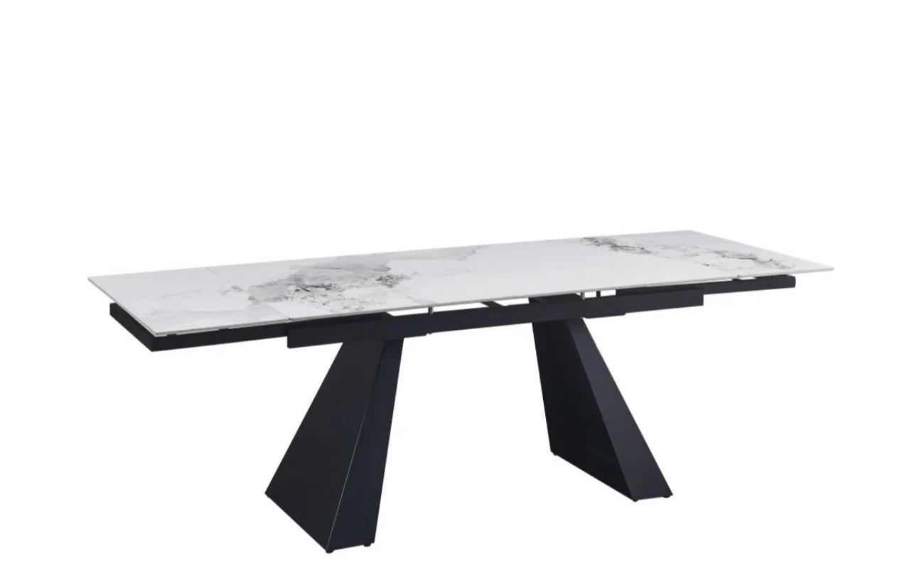 Table à manger porto extensible pied noir plateau marbré en verre tremper