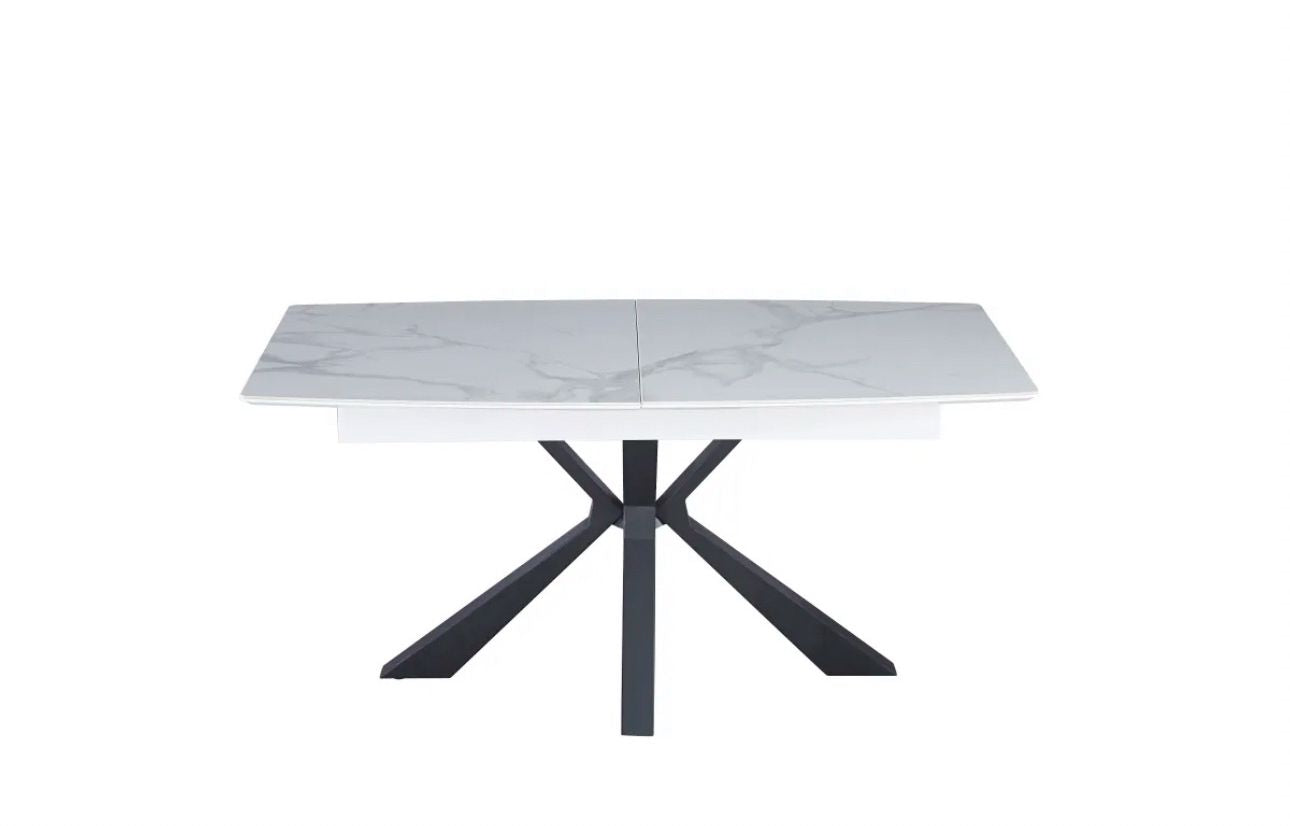 Table à manger Bianca pied noir plateau blanc marbré en céramique extensible