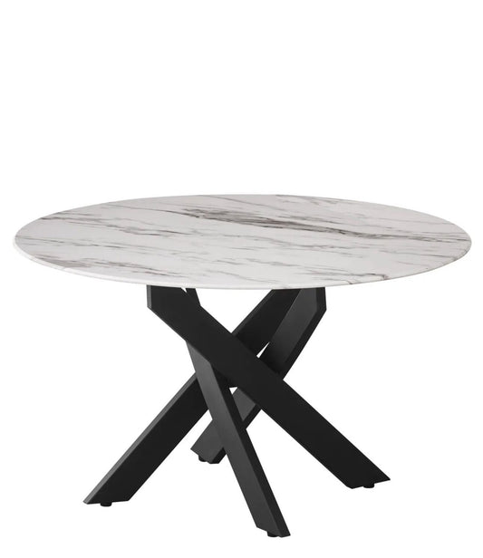 Table basse rond Jessica pied noir plateau en verre marbré blanc