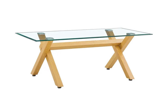 Table basse valencia pied bois plateau en verre trempé transparent