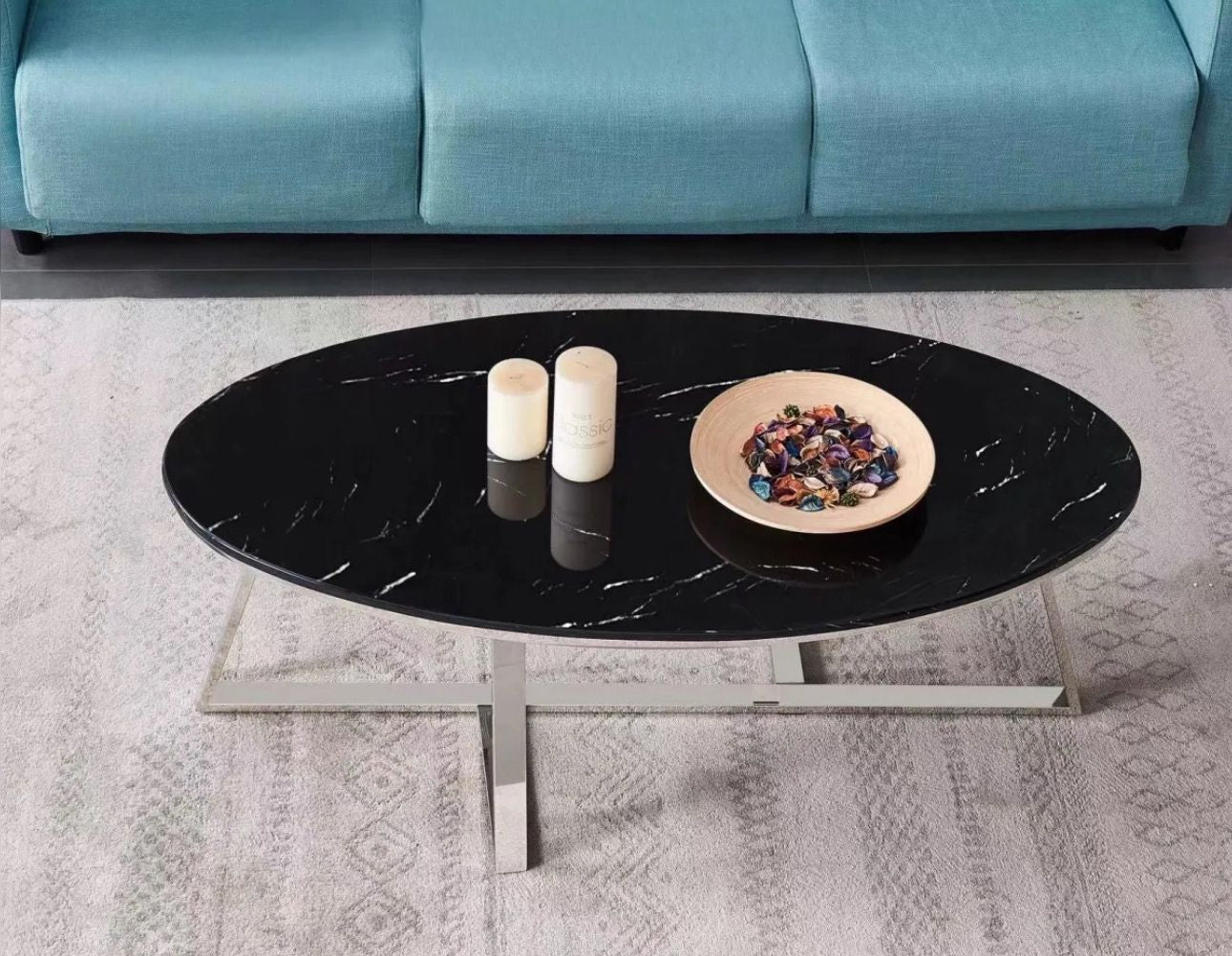 Table basse granita pied noir or ou argent plateau marbré noir en granite
Dimension: 120/60/45