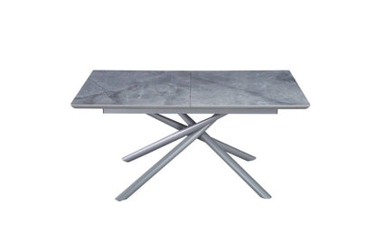 Table à manger saphir pied or ou argent plateau marbré gris en céramique extensible